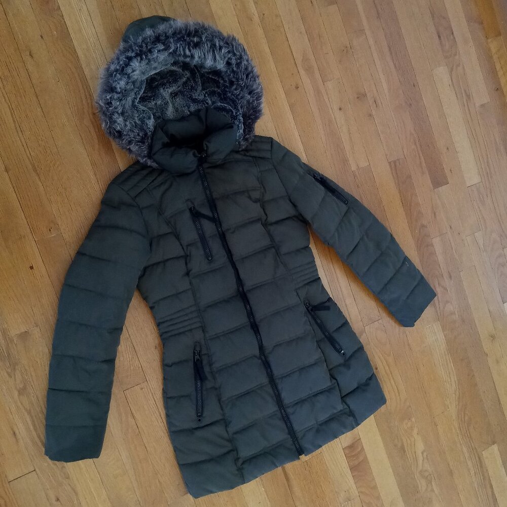 NAUTICA Long Dark Green Puffer Jacketw/detachable faux fur trimmed hood - size S